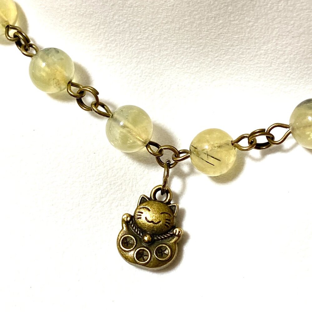 Natural Yellow Green Prehnite Necklace, Bronze Fortune Cat + Genuine Gemstone